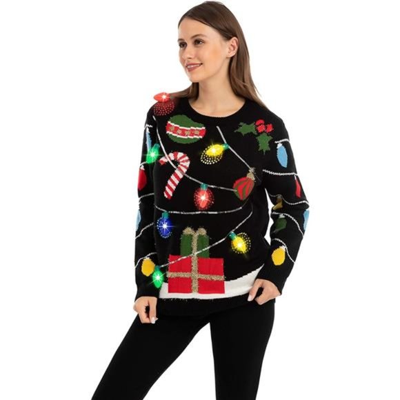Womens LED Light Up String Light Ugly Christmas Sweater Built-in Light Bulbs - Picture 2 of 5